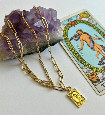 Gold tarot necklace the world